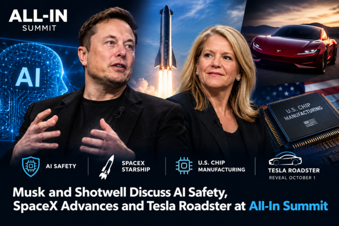 Elon Musk and Gwynne Shotwell at All-In Summit discussing AI safety, SpaceX Starship, U.S. chip manufacturing and Tesla Roadster